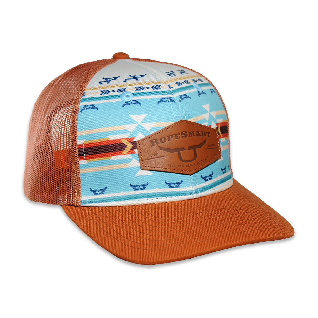 RopeSmart Leather Patch Marzo Aztec Pattern Burnt Orange Trucker Cap